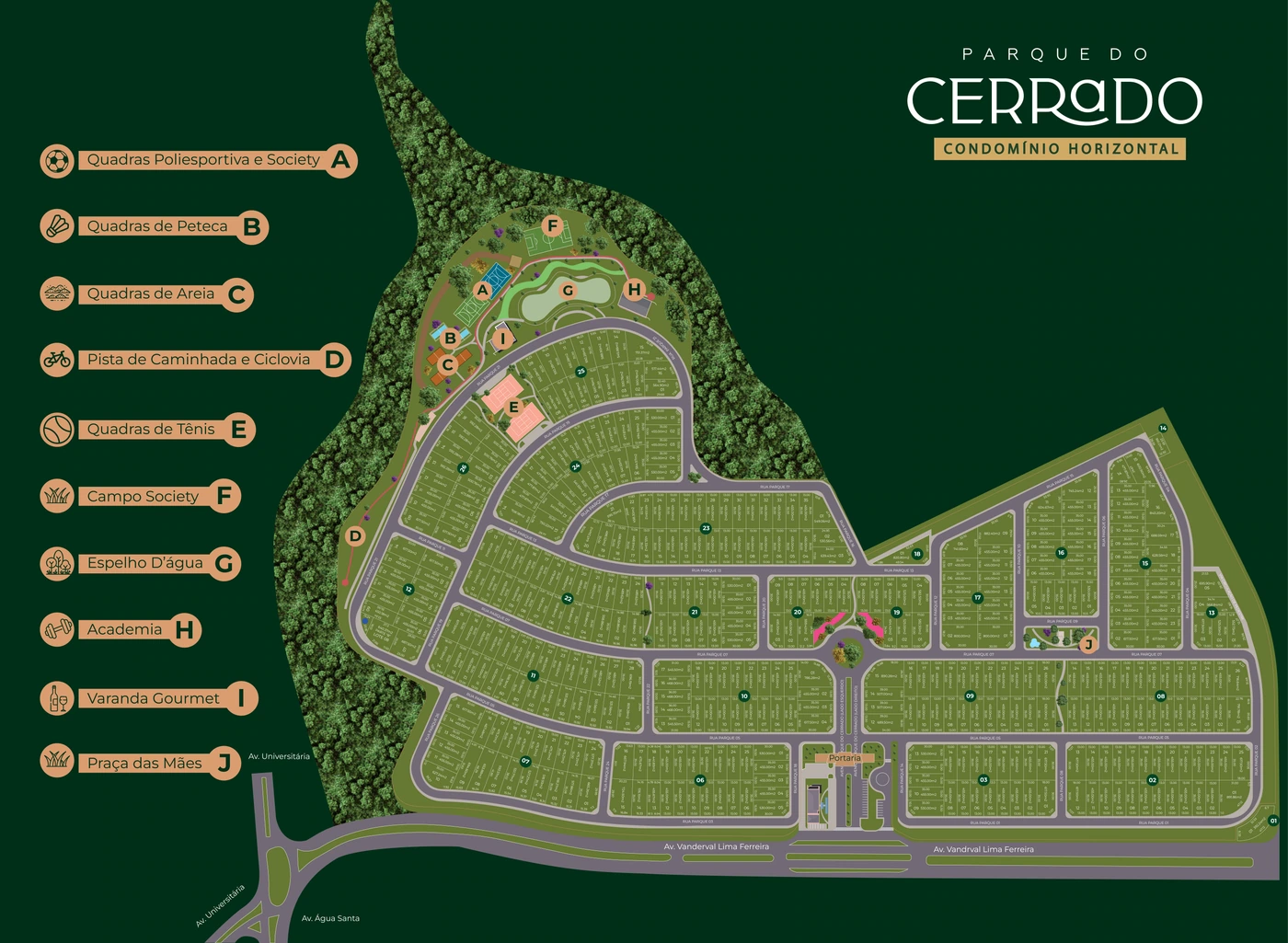 Mapa urbanístico completo do Parque do Cerrado com legenda das áreas de lazer