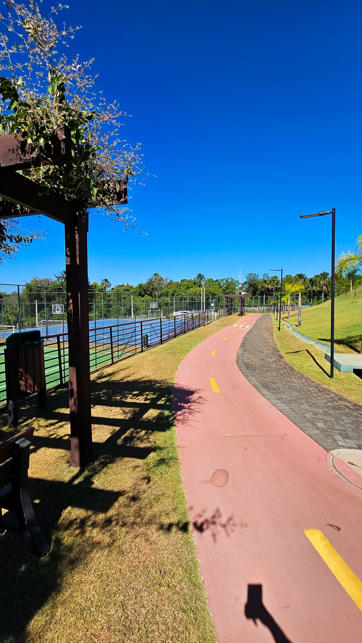 Pista de caminhada ao lado das árvores e do paisagismo